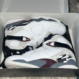 Stylish Air Jordan 8 (White, Burgundy, and Gray Sneakers)